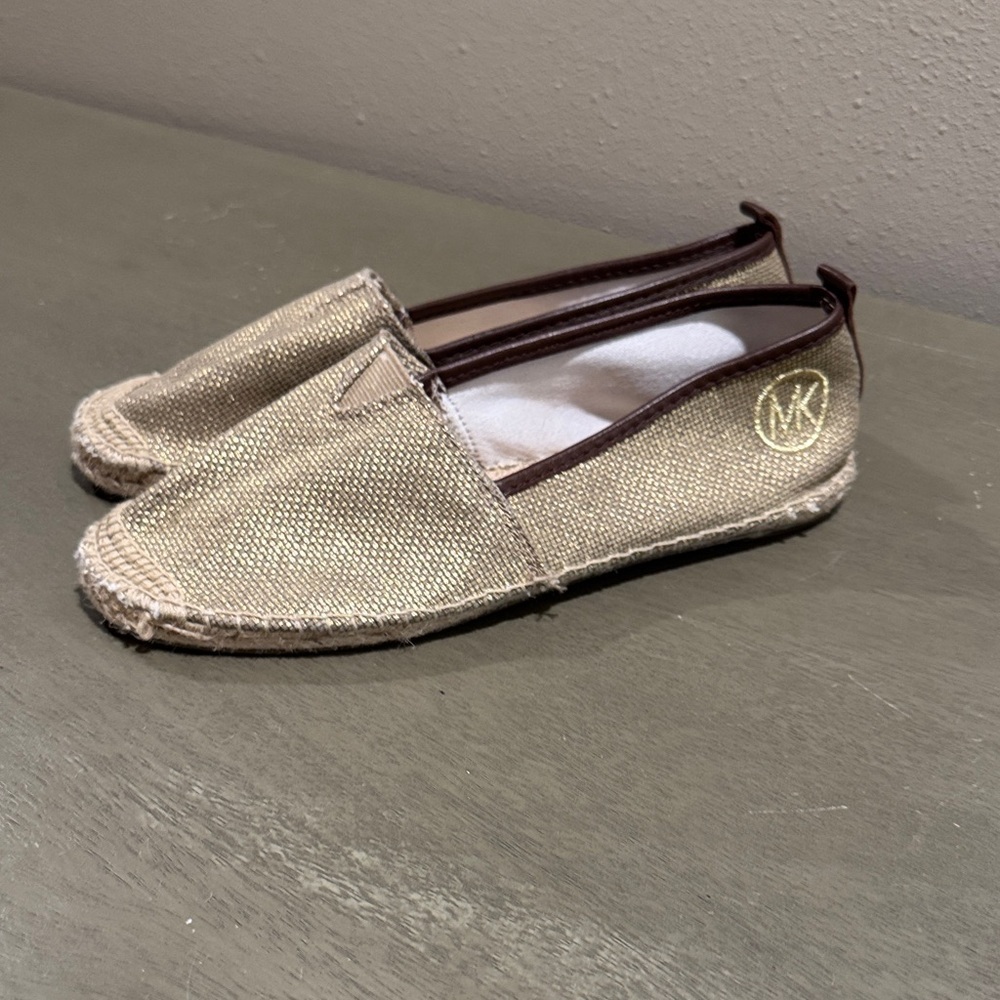 Michael Kors Metallic Gold Slip-On Espadrilles with Brown Trim (see measurements